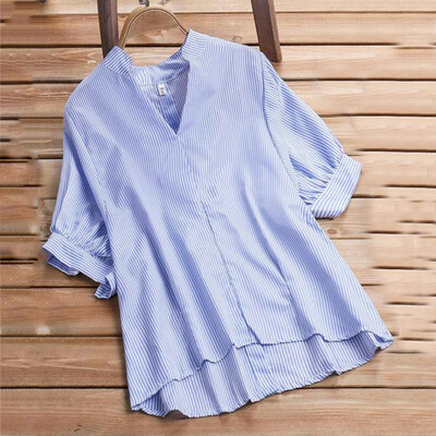 

Starmoon Women Polyester Striped V-neck Half Sleeve High And Low Shirt Top