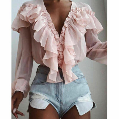 

Women Chiffon Solid Color V-Neck Ruffle Trim Blouse Casual Long Sleeve Loose Top