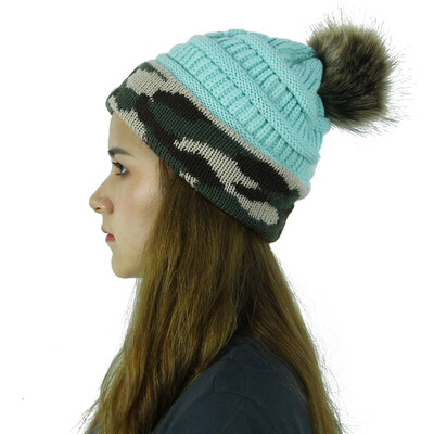 

Tailored Women Camouflage Stitching Outdoor Plush Ball Hats Crochet Knit Beanie Cap