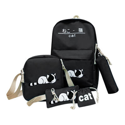 

5pcsset Cute Cat Canvas Bags Student Travel Backpack Shoulder Clutch Bag