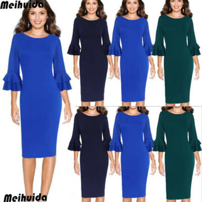 

Womens Autumn Elegant Long Flare Bell Sleeve Party Cocktail Sheath Dress Plus