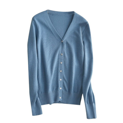 

Long Sleeve Thin V-collar Knitted for Women Pure Color Cardigan Sweater Loose Coat Woman