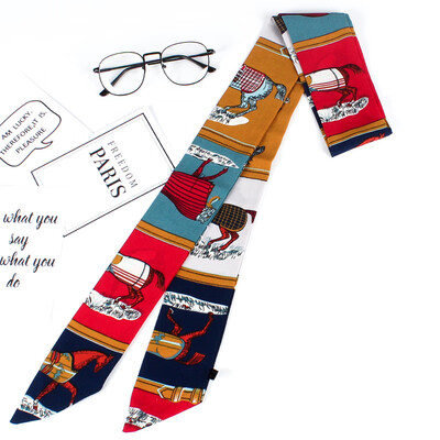 

Korean silk scarf spring&summer small scarf chiffon printing Variety scarf long double small bow tie decoration wild