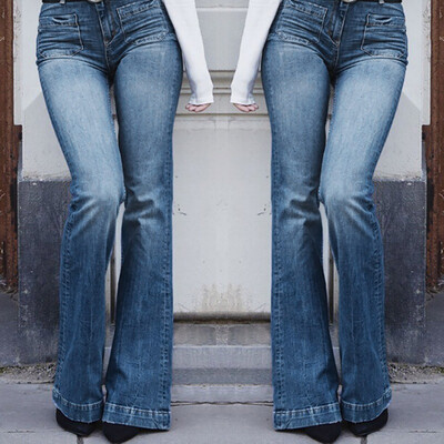 

〖Follure〗Women Autumn Elastic Plus Loose Denim Pocket Casual Boot Cut Pant Jeans