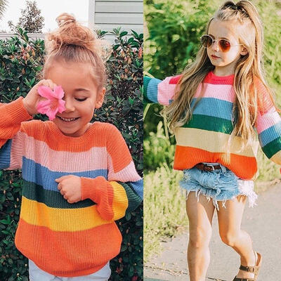 

Newborn Toddler Baby Girls Kids clothes Rainbow print round neck Sweaters long sleeve pullover casual cotton Tops one pieces