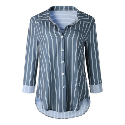 

Spring Casual Single Breasted Blouse Turn Down Collar Stripe Women Tops