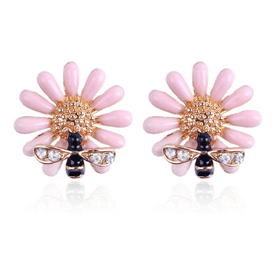 

Alloy Enamel Stud Earrings with Rhinestone&925 Sterling Silver Pin Flower with Bee Golden Plated Pink 15x15mm