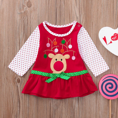 

Infant Baby Girl Christmas Flare Bow Long Sleeve Cartoon Print Dot Dress Clothes