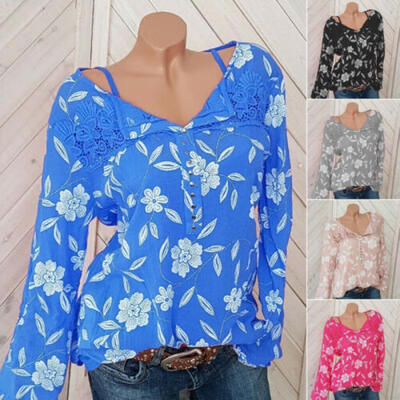 

Women Floral Chiffon Long Sleeve Tunic Blouse Loose Top V Neck T Shirt Plus Size