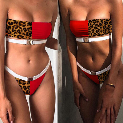 

Roseonmyhand Women Sexy Leopard Print Swimsuit Waist Buckle Bikini Set Beachwear