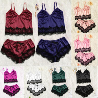 

UK 2pcs Women Silk Satin Lace Robe Shorts Sleepwear Babydoll Nightdress Pajamas