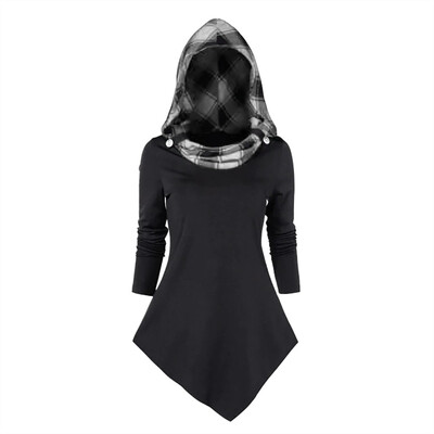 

Tailored Womens Long Sleeve Checked Panel Hooded Cloak Tunic Asymmetric Casual Tops