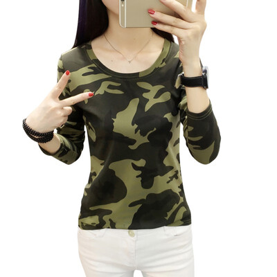 

O Neck Long Sleeve Slim Tshirt Women Casual Tops Female Clothes -2XL Women Camouflage Printed T Shirt