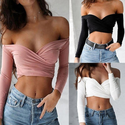 

Fashion Summer Women Casual Off Shoulder Tank Tops Vest Blouse Long Sleeve Crop Tops Shirt