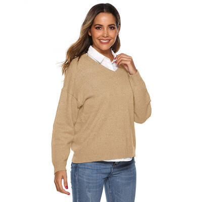 

Fashion New V-neck Solid Color Loose Long-sleeved Pullover Sweater