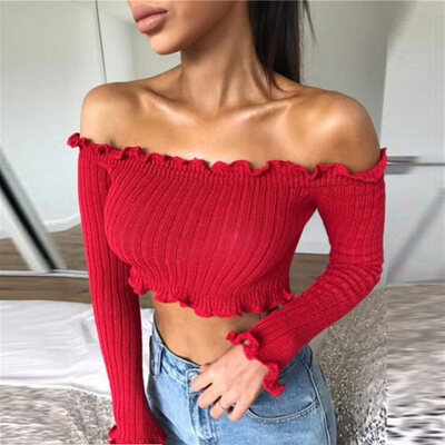 

Women T Shirt Off Shoulder Crop Top For Women Long Sleeve Solid Short T-Shirt Women Slash Neck Cotton Knitted T shirt Women