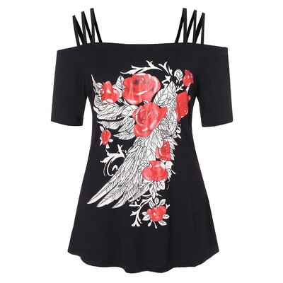

Starmoon Womens Fashion Summer Print Short-Sleeved Sling Strapless Loose T-Shirt Tops