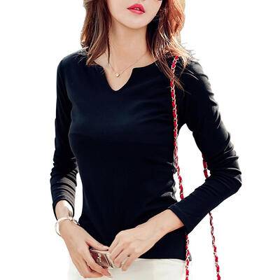 

V-Neck Solid Women T-Shirt Long Sleeve Slim Fit Fashion Autumn Spring Tops