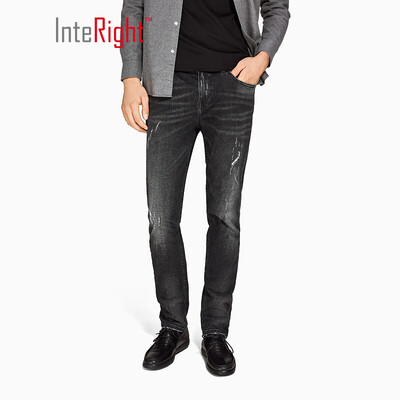 

INTERIGHT jeans mens trend Slim hole punk style fashion jeans dark gray 34 yards