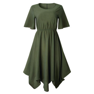 

Solid Color Irregular Elastic Dress Women O-neck Short Sleeve Tunic Dresses