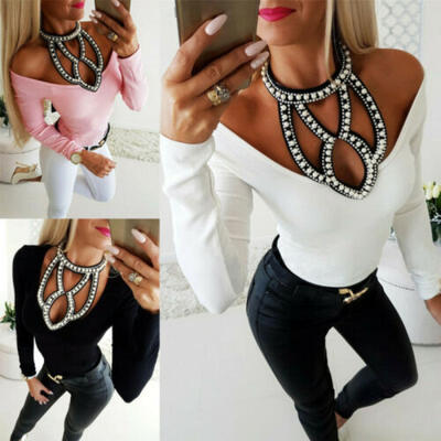 

UK Womens V Neck Choker Hollow Beaded Shirt Ladies Long Sleeve Fit Blouse Tops