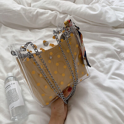 

Jelly transparent small bag chic summer fresh womens bag new 2019 silk scarf bucket bag chain bag oblique satchel bag