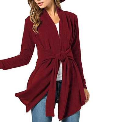 

Womens Fashion Casual Solid Color Long Sleeves Tie Decoration Warm Knitted Cardigan Coat Jacket