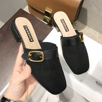 

Coarse-heeled sandals&slippers women wear 2019 new summer Joker knit Baotou half slippers square Mueller shoes heel