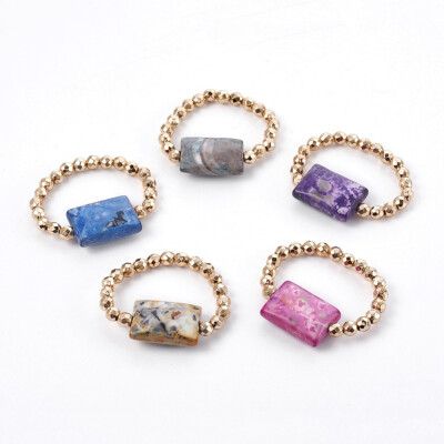

Natural Fire Agate Beads Stretch Rings with Environmental Long-Lasting Plated Non-magnetic Synthetic Hematite Smooth Beads Recta