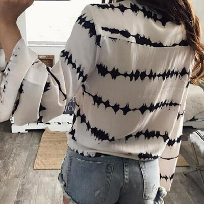 

2017 AliExpress ebay summer new European&American printing cross with V-neck chiffon shirt long-sleeved wholesale white