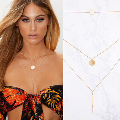 

Europe&the United States fashion street shoot jewelry hollow circle big round bar stick pendant necklace metal three-layer sweater chain