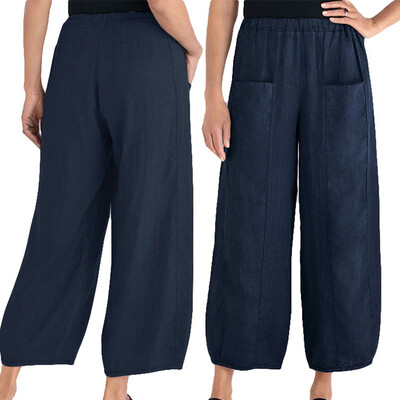 

Women Casual Loose Pants Elasticated Waist Wide-legged Straight Trousers Pockets