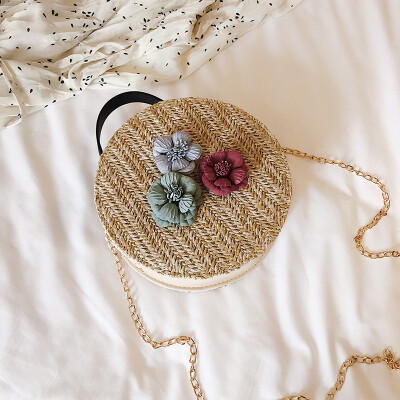 

2019 new summer wild handbag female stereo flower woven bag fashion temperament shoulder chain small round bag