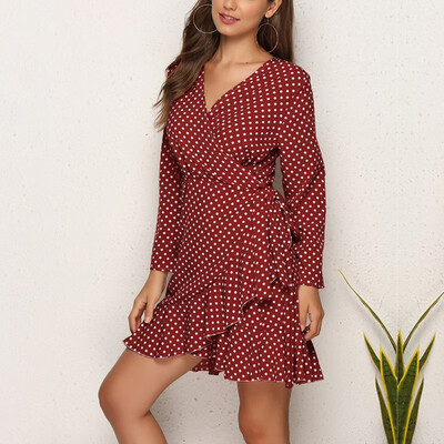 

Women V Collar Sexy Wave Dot Lotus Leaf Irregular Autumn Long Sleeve Tights Stretch Dress Sexy Skirt