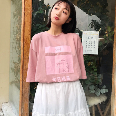 

WomenWhite T-shirt Summer Cotton Chinese Character Print O-neck short sleeve tee shirt femme loose Top