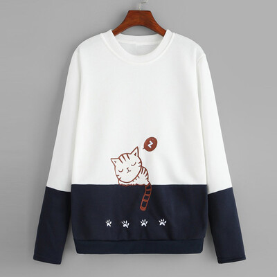 

Starmoon Women Sexy Casual Patchwork Cat Embroidery Blouse Top Pullover Sweatshirt