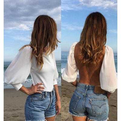 

Shirt Sexy Women Back Open Hollow Long Sleeve Casual Chiffon Top Blouse T-shirt