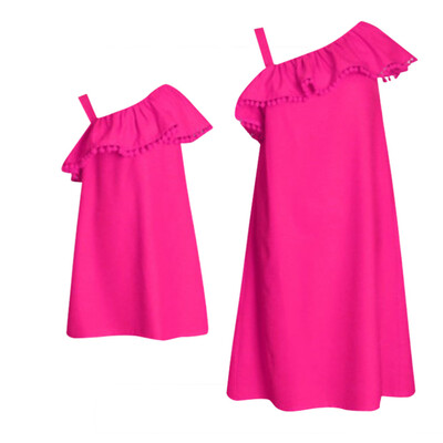 

Mommy＆Me Child Girls Short Sleeve Solid Strapless Ruffles Family Clothes Dress