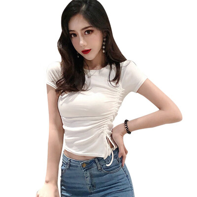 

Womens O Neck Solid Short Sleeve Drawstring Slim T-Shirt