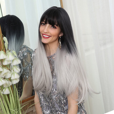 

〖Follure〗Synthetic Wigs Simple Black Gray Long Straight Hair Fashionable Ladies Wigs
