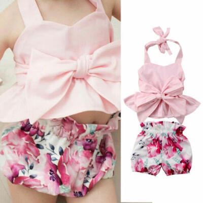 

2pcs Newborn Toddler Baby Girls Summer Clothes Bowknot TopsForal Pants Outfits