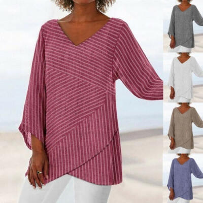 

Women Casual Loose Cotton Linen Striped Long Sleeve Long Shirt Blouse Tunic Tops