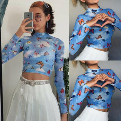 

Womens Print Mesh Sheer See Through Sexy T-shirt Crop Top Blouse Tee Sale UK