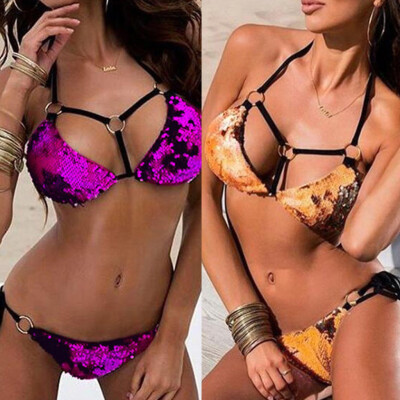 

Roseonmyhand Women Sequin Rhinestone Crystal Diamond Push-up Bikini Set Swimsuit Swimwear