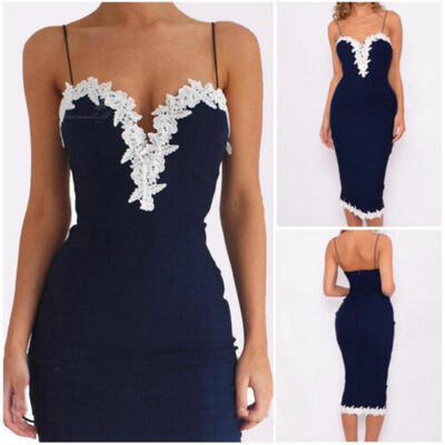 

Sexy Women Bodycon Strappy V Neck Lace Flower Evening Party Ladies Midi Dress US
