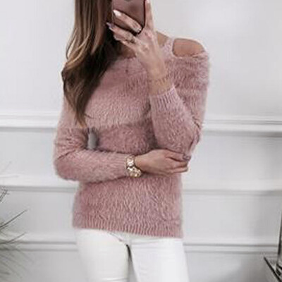 

〖Follure〗Women Solid Fluffy Sweater Jumper Cold Shoulder Long Sleeve Pullover Tops Blouse