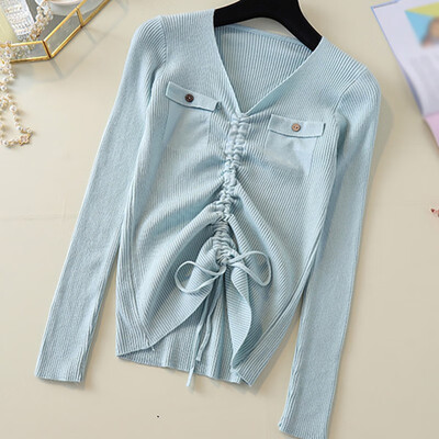 

Sweet Drawstring Women Sweater Summer Autumn New Simple Solid Color Sweater Fashion V-Neck Loose Long Sleeve Sweater Tops