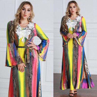 

Women Plus Size Maxi Long Dress Contrast Color Flare Long Sleeves Belt Lace Colorful Elegant A-Line Dresses