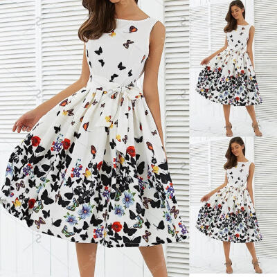 

Women Vintage Rockbilly Summer Butterfly Print Casual Evening Party Cocktail Long Dress