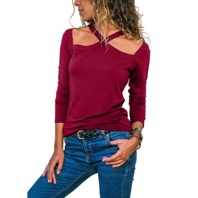 

Womens new solid color strapless long-sleeved T-shirt